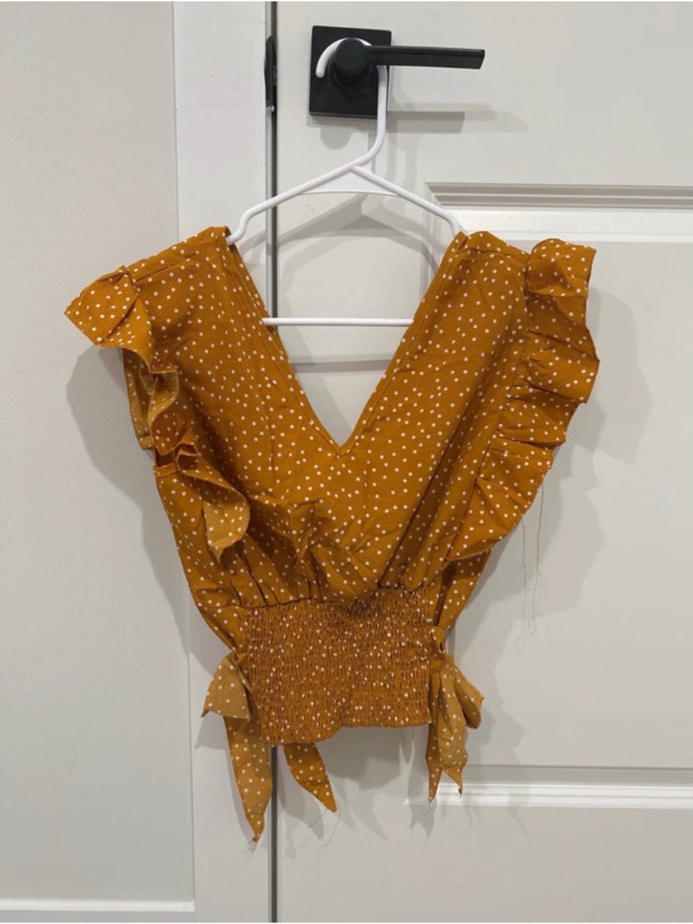 Ruffle V-Neck Crop Top - Mustard Polka Dot